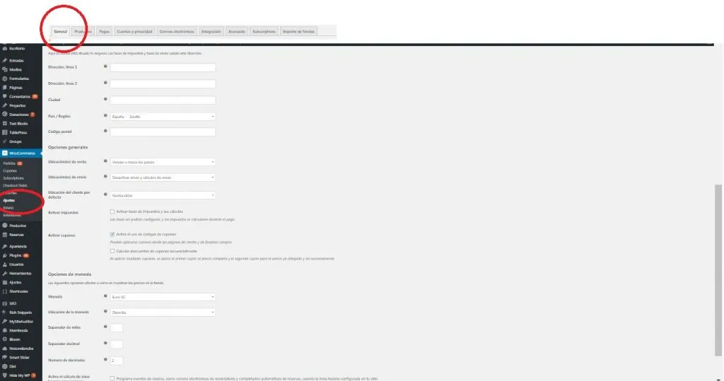 AJUSTES DE WOOCOMMERCE general
