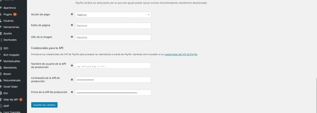 AJUSTES DE WOOCOMMERCE paypal